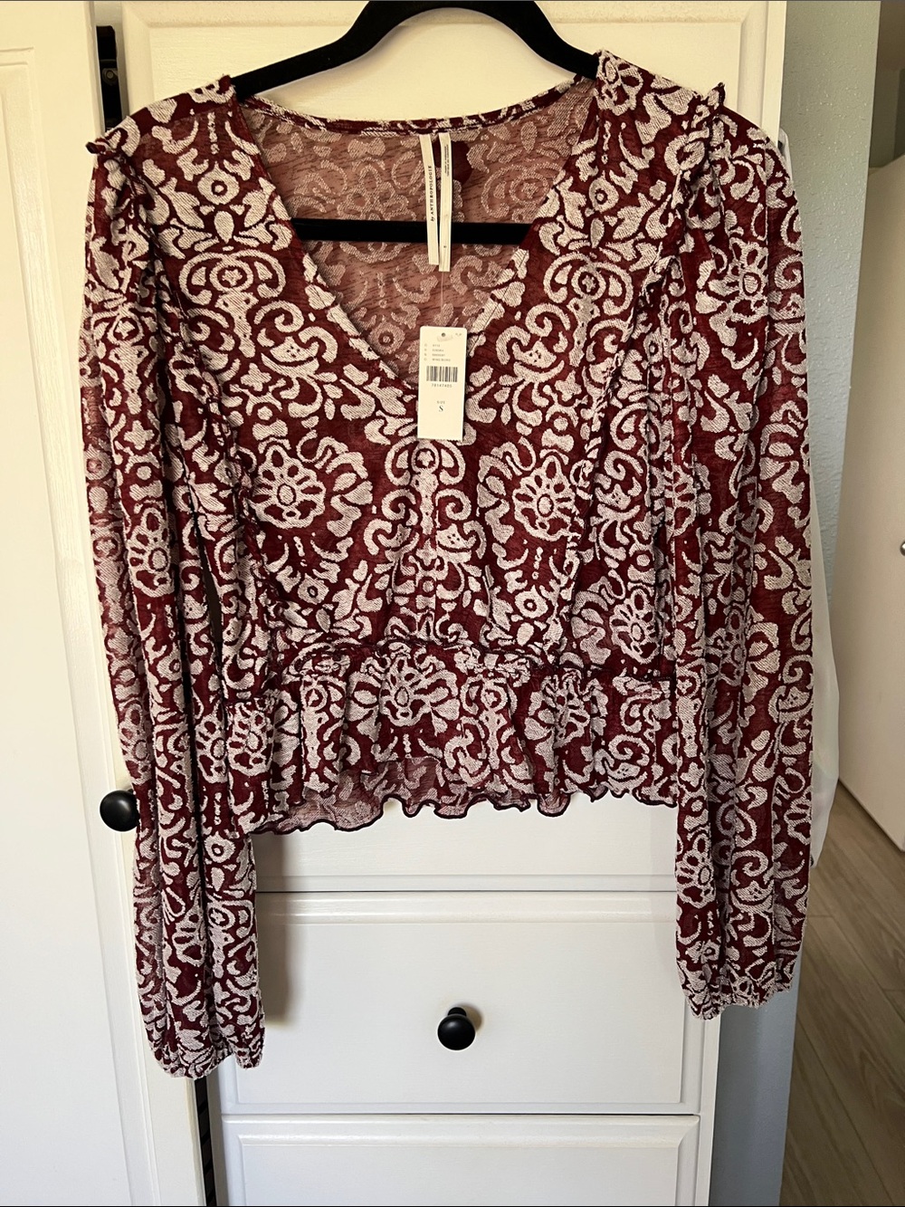 Anthropologie Burgundy and White Floral Lace V-Neck Blouse